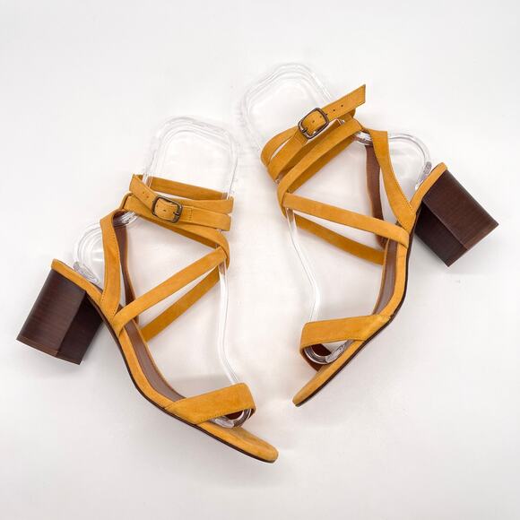 BA&SH Cequoia Strappy Heeled Sandal Women 39 Yellow Suede Block Stacked heel NEW - Picture 7 of 15